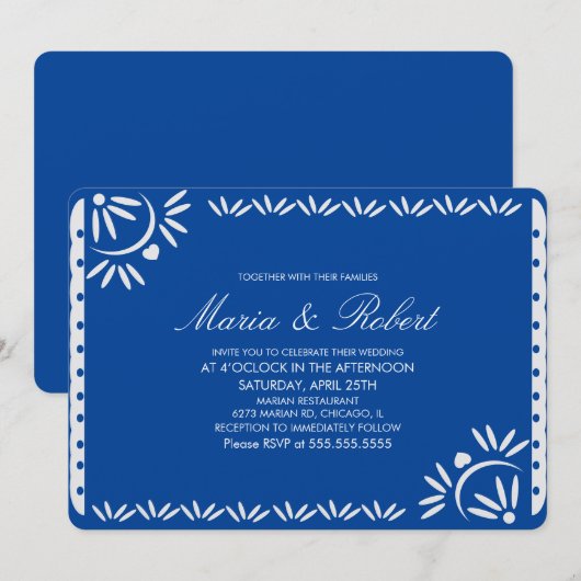Papel Picado Mexican Botanical Wedding Blue Einladung (Vorne/Hinten)