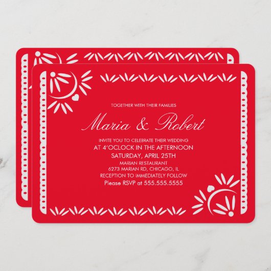 Papel Picado Mexican Botanical Wedding Red Kraft Einladung (Vorne/Hinten)