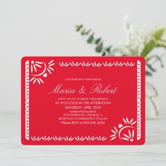 Papel Picado Mexican Botanical Wedding Red Kraft Einladung (Stehend Vorderseite)