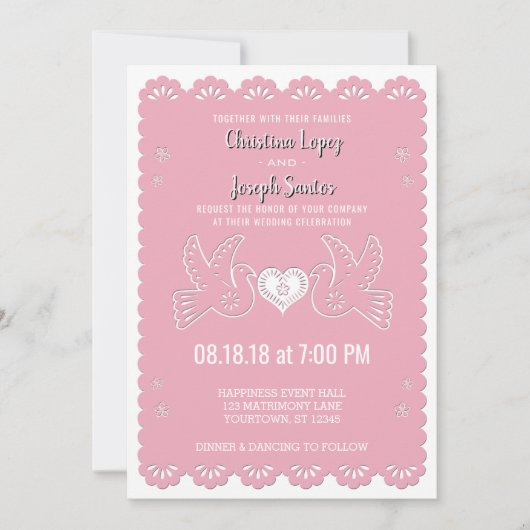 Papel Picado Pink Love Birds Einladung Hochzeit (Vorderseite)