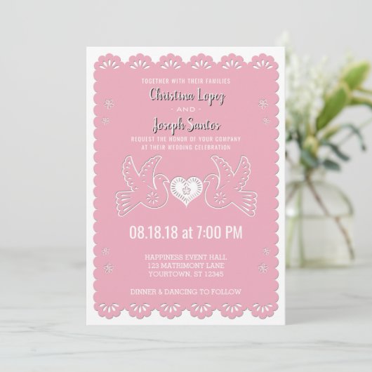 Papel Picado Pink Love Birds Einladung Hochzeit (Stehend Vorderseite)