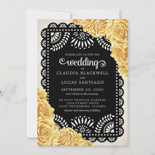Papel Picado Rose Gelbe Schwarze Hochzeit Einladung (Vorderseite)