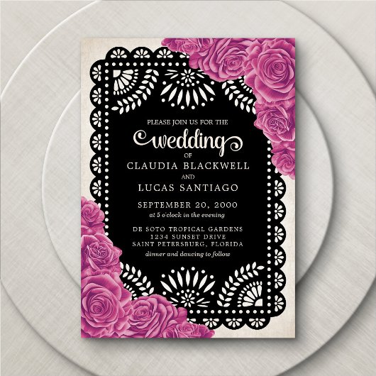 Papel Picado Rose Pink Black Wedding Einladung