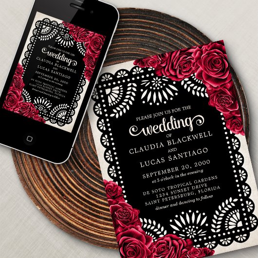 Papel Picado Rose Red Black Wedding Einladung
