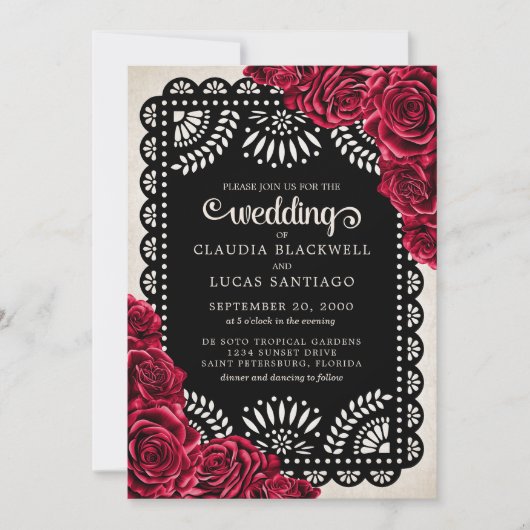 Papel Picado Rose Red Black Wedding Einladung (Vorderseite)