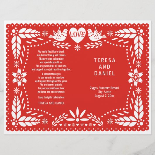 Papel Picado Rotes Hochzeitsprogramm (Vorderseite)