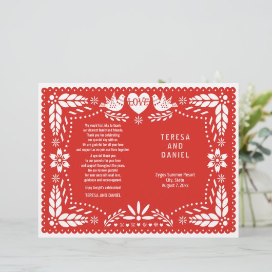 Papel Picado Rotes Hochzeitsprogramm (Stehend Vorderseite)