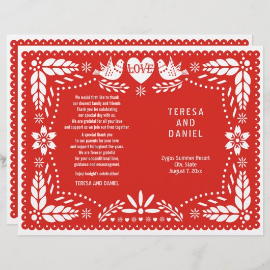 Papel Picado Rotes Hochzeitsprogramm (Vorne/Hinten)
