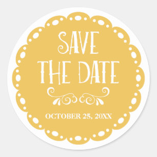 Papel Picado Save the Date gelbe Fiesta-Hochzeit Runder Aufkleber