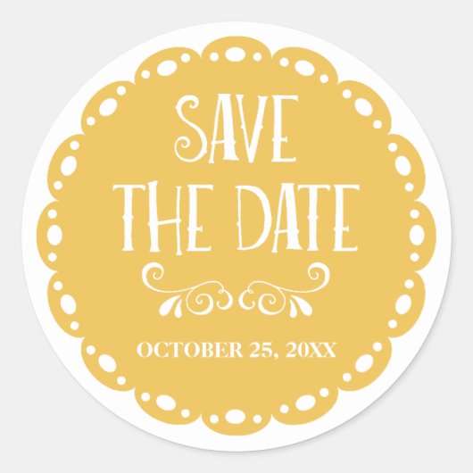 Papel Picado Save the Date Yellow Fiesta Wedding Runder Aufkleber (Vorderseite)