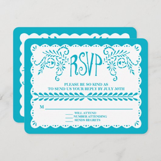 Papel Picado UAWG Blue Pool Fiesta Wedding Banner RSVP Karte (Vorne/Hinten)