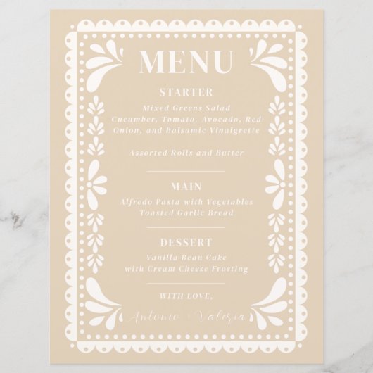 Papel Picado Wedding Menü Modernes mexikanisches T (Vorderseite)