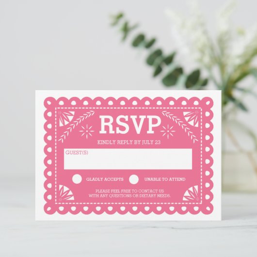 Papel Picado Wedding RSVP Pink (Stehend Vorderseite)