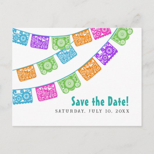 Papel Picado Wedding Save the Date Postcard Ankündigungspostkarte (Vorderseite)