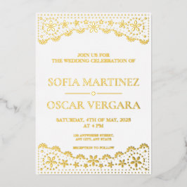 Papel Picado White and Gold Wedding Folieneinladung