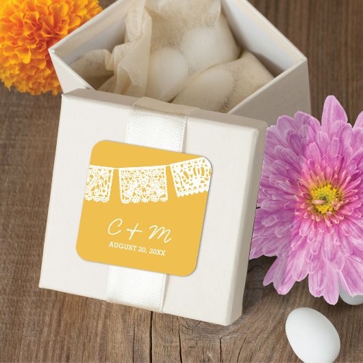 Papel Picado Yellow | GASTGESCHENK HOCHZEIT Quadratischer Aufkleber