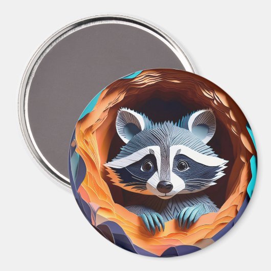 Paper Art Baby Raccoon in Tree 3D Magnet (Vorderseite/Rückseite)