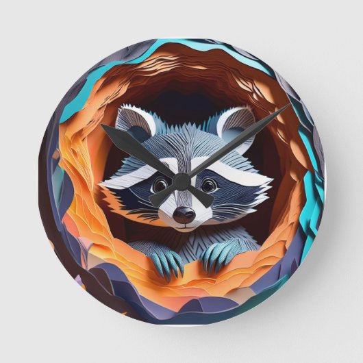Paper Art Baby Raccoon in Tree 3D Runde Wanduhr (Vorderseite)