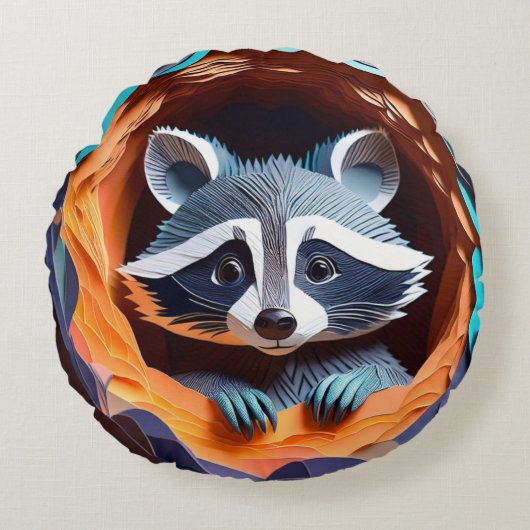 Paper Art Baby Raccoon in Tree 3D Rundes Kissen (Vorderseite)