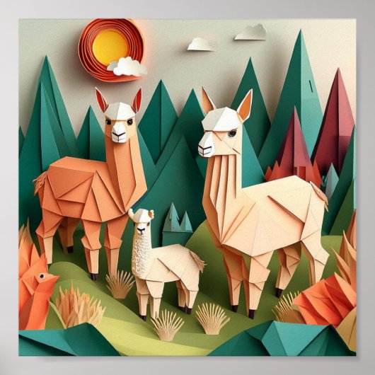 Paper Art Origami Alpacas Scene 3D Poster (Vorne)