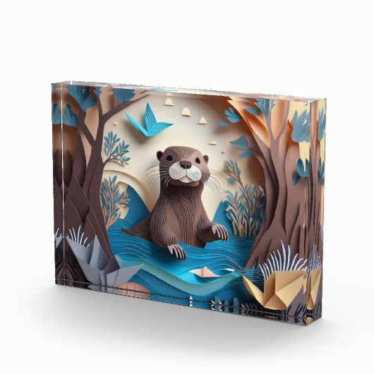 Paper Art Origami Otter in Water 3D Fotoblock (Rechts)