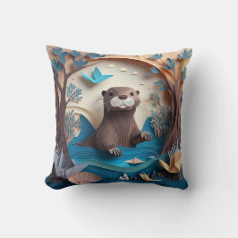 Paper Art Origami Otter in Water 3D Kissen