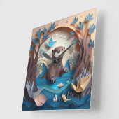 Paper Art Origami Otter in Water 3D Quadratische Wanduhr (Winkel)