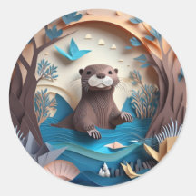Paper Art Origami Otter in Water 3D