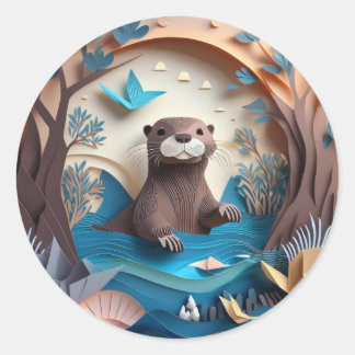Paper Art Origami Otter in Water 3D Runder Aufkleber