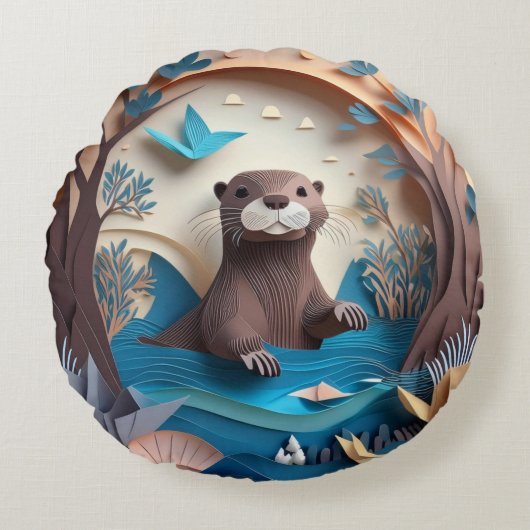 Paper Art Origami Otter in Water 3D Rundes Kissen (Vorderseite)