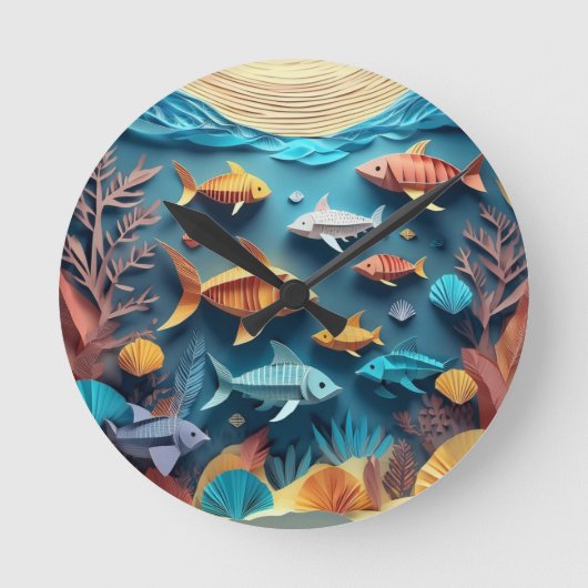 Paper Art Origami Sea Life Scene 3D Runde Wanduhr (Vorderseite)