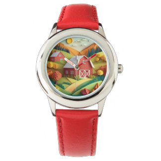 Paper Art Origami Style Bauernszene Armbanduhr