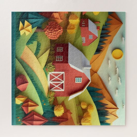 Paper Art Origami Style Bauernszene Puzzle (Horizontal)