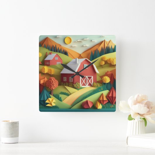 Paper Art Origami Style Bauernszene Quadratische Wanduhr (Zuhause)