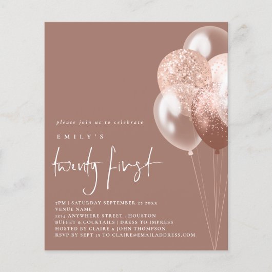 PAPER Balloons Script Rose Gold 21. Party Einladun Flyer (Vorne)