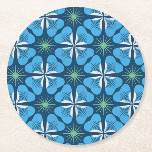 Paper Coaster in bright blue clover geometric Runder Pappuntersetzer (Vorderseite)