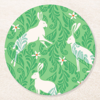 Paper Coaster in spring green rabbits and ferns Runder Pappuntersetzer