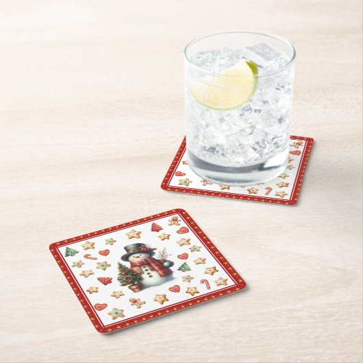 Paper Coaster Snowman and Christmas Cookies Red Rechteckiger Pappuntersetzer (Vor Ort)
