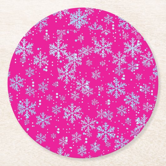 Paper Coasters, Bright Fuchsia Snowflakes Runder Pappuntersetzer (Vorderseite)