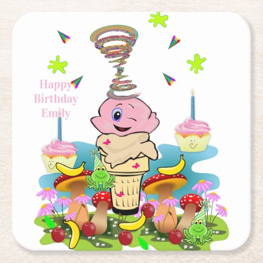 Paper Coasters Happy Birthday Pink Cupcake  Rechteckiger Pappuntersetzer (Vorderseite)