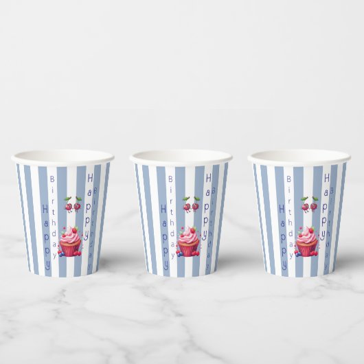 Paper Cup Blue & White Stripe Birthday Pappbecher (Multi)