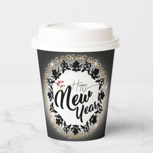 Paper cup para navidad con feliz año nuevo dorado pappbecher (Vorderseite)