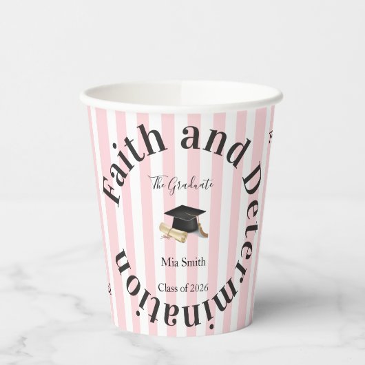 Paper Cup Pink & White Stripe Graduate 2026 Pappbecher (Links)