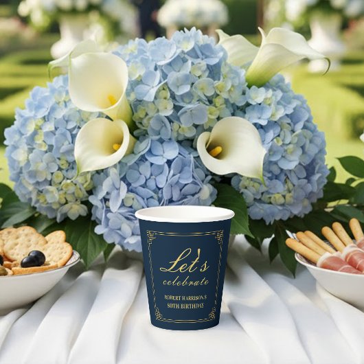 Paper Cups Navy Gold 80th Birthday Let's Celebrate Pappbecher