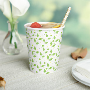 Paper Cups "Pessach Grün/Gelb-Blätter" 8 oz. Pappbecher