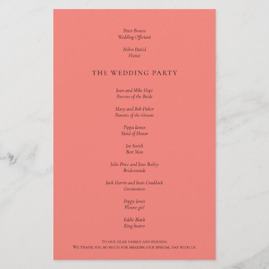 PAPER Elegant Coral Rose Script Wedding Programm Flyer (Hinten)