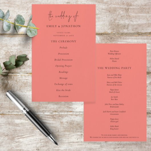 PAPER Elegant Coral Rose Script Wedding Programm Flyer