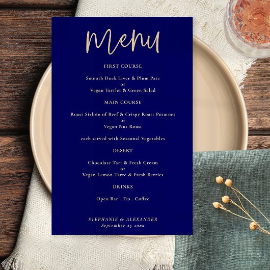 PAPER Elegant Gold Script Navy Blue Wedding Menü