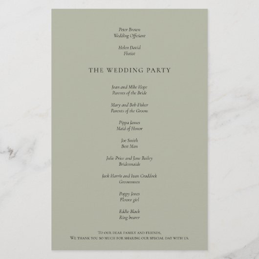 PAPER Elegant Pale Sage Green Wedding Program Flyer (Hinten)