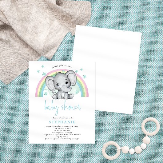 PAPER Elephant Rainbow Blue Baby Dusche Flyer